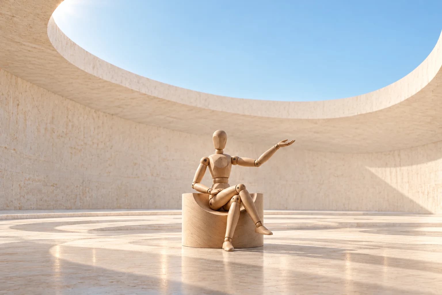El maniquí de haya, sentado en el centro, dirige un sistema de galaxias con forma de engranajes.