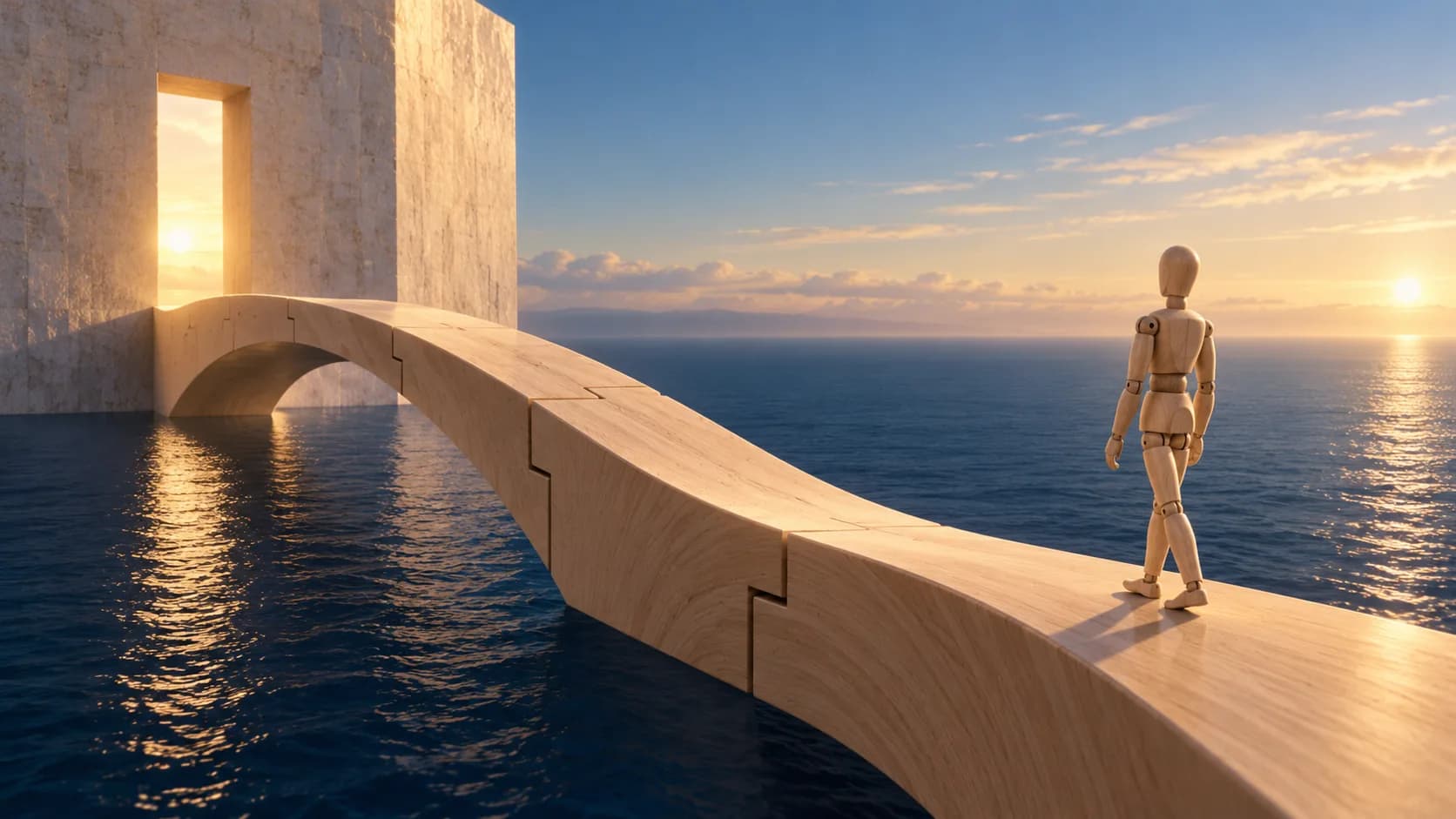 El maniquí contempla un puente de madera que conecta con una apertura luminosa sobre el océano.