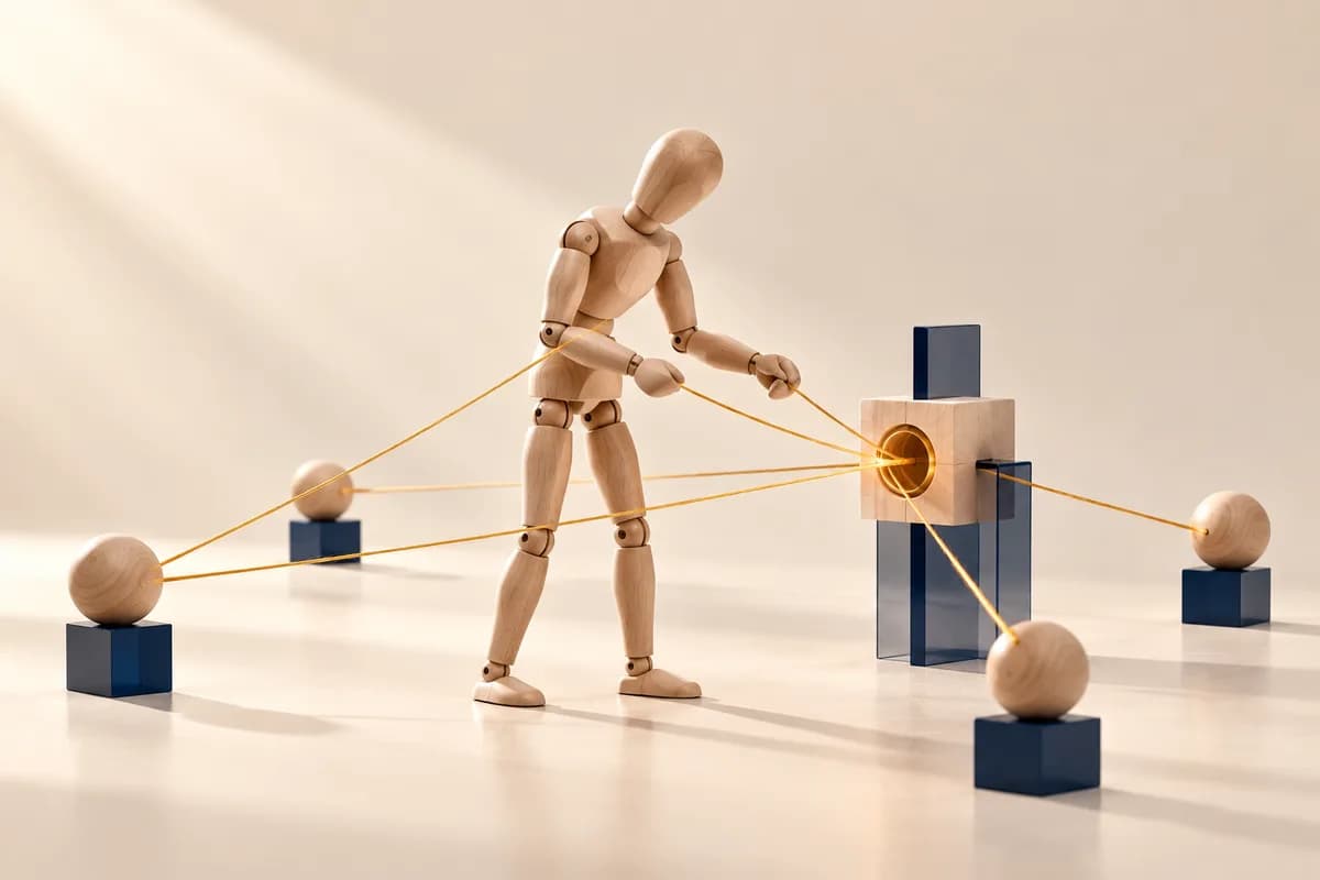 The mannequin connects several points to a shared entry point with amber threads.