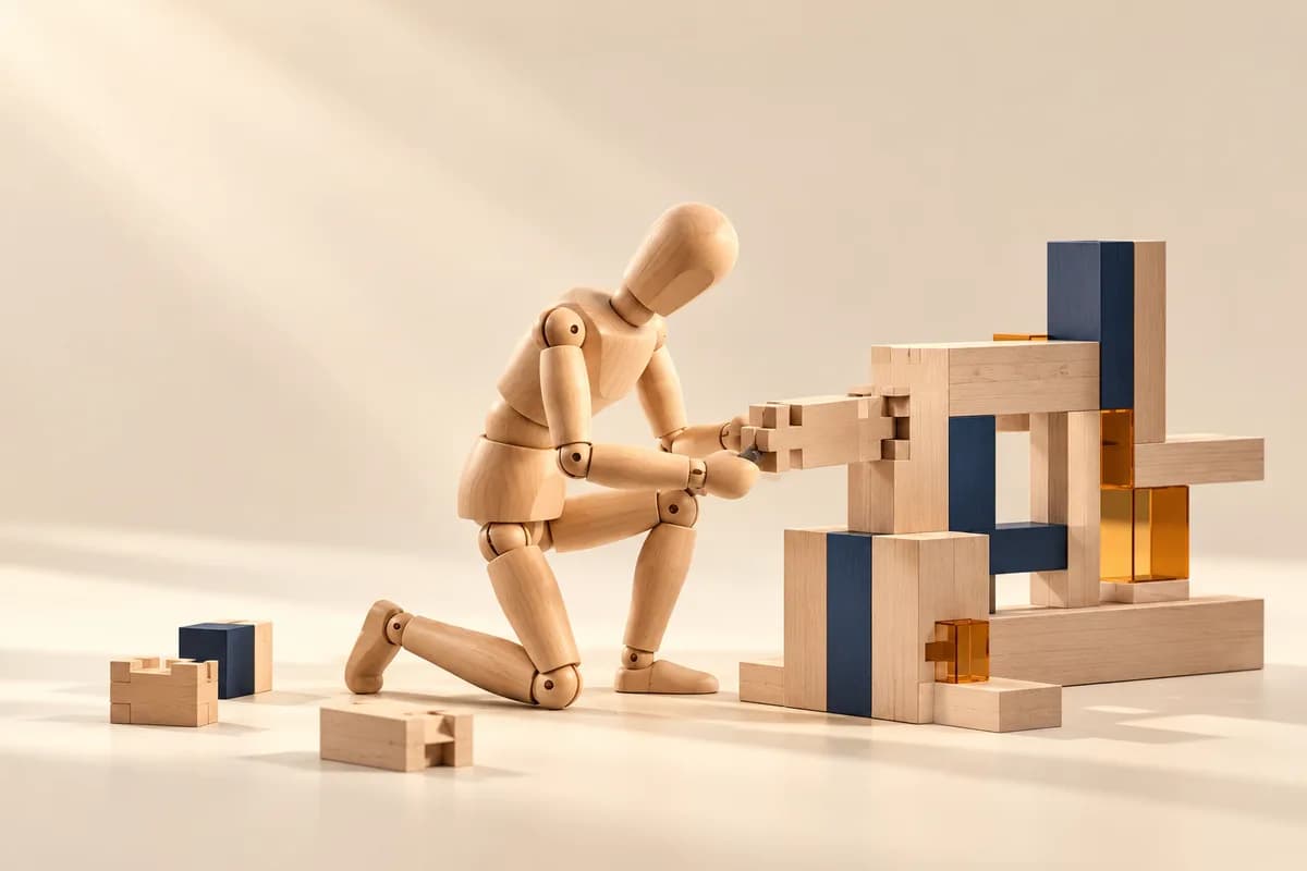 El maniquí ensambla con precisión una estructura modular de madera.
