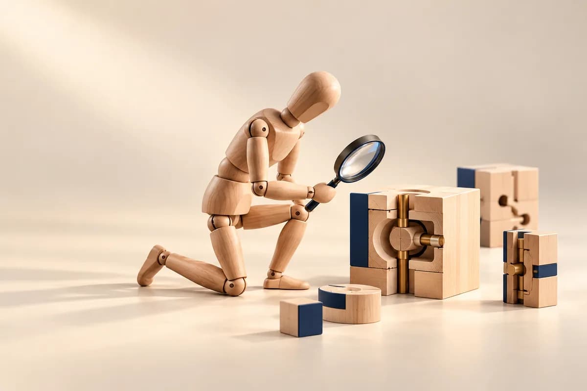 The Calicata mannequin examines the inside of a wooden mechanism with a magnifying glass.