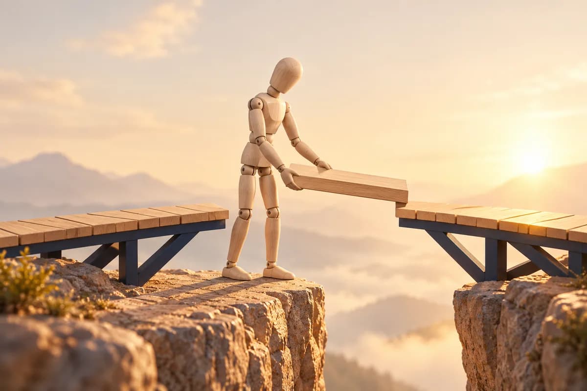 The mannequin places the final piece of a bridge towards an open horizon.
