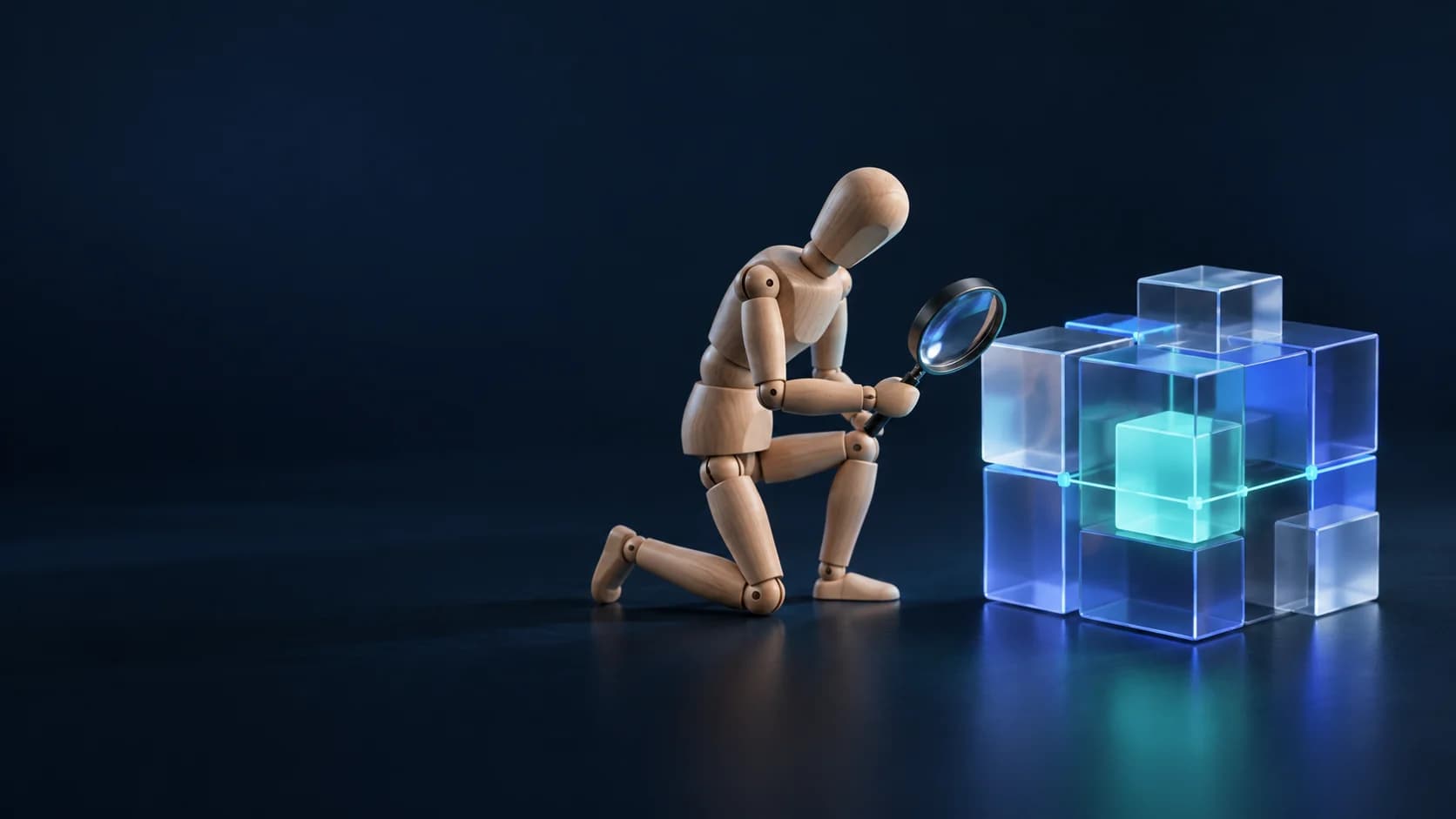 El maniquí de Calicata examina con una lupa módulos transparentes conectados por una señal cian.