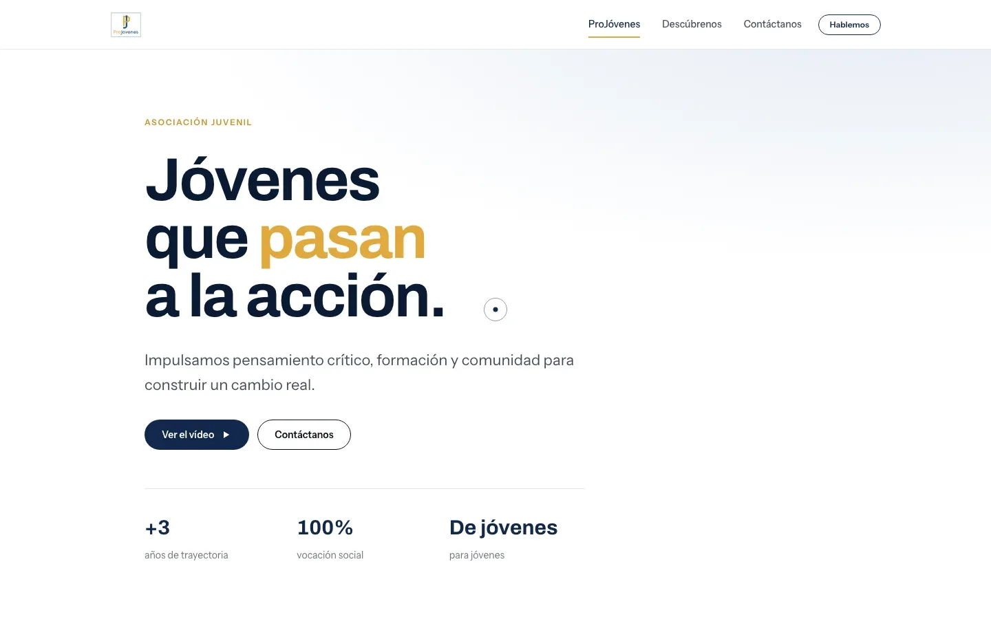 Captura de la portada de ProJóvenes con el lema Jóvenes que pasan a la acción.