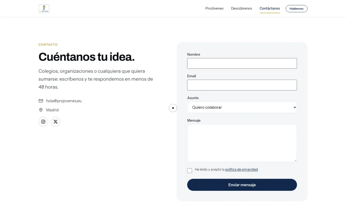 Captura de la página de contacto de ProJóvenes con los campos del formulario.