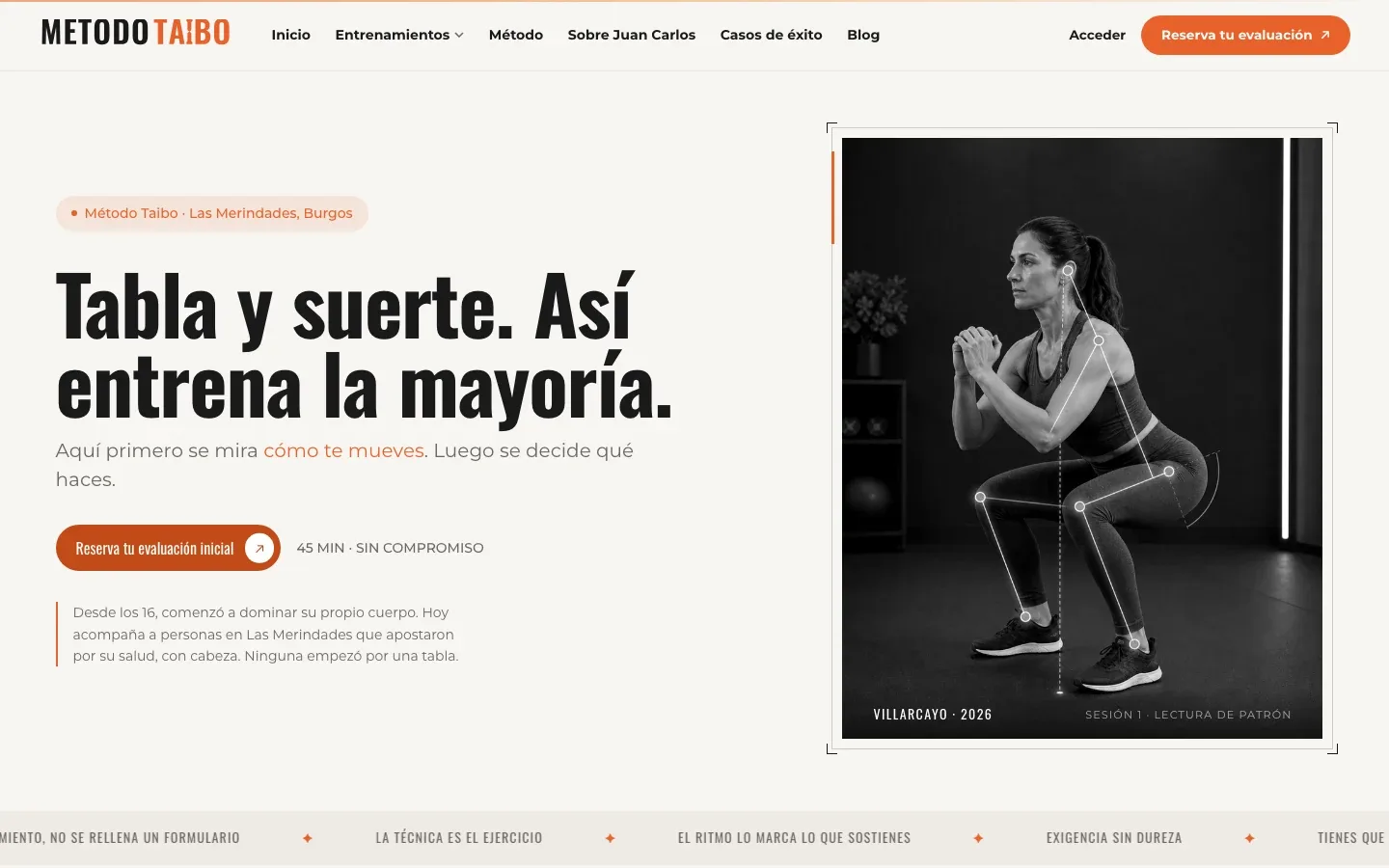 Captura de la portada de Método Taibo, con el titular del sitio y una fotografía de entrenamiento.