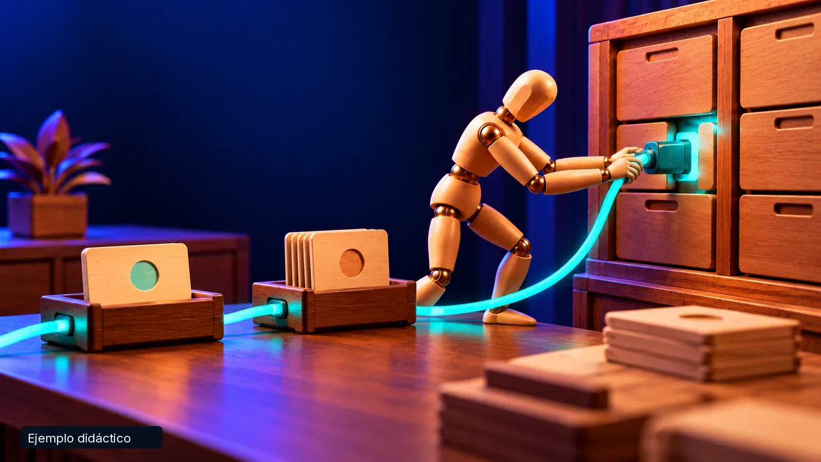 The illustrated character reviews completed and pending states while restoring the connection between two systems.