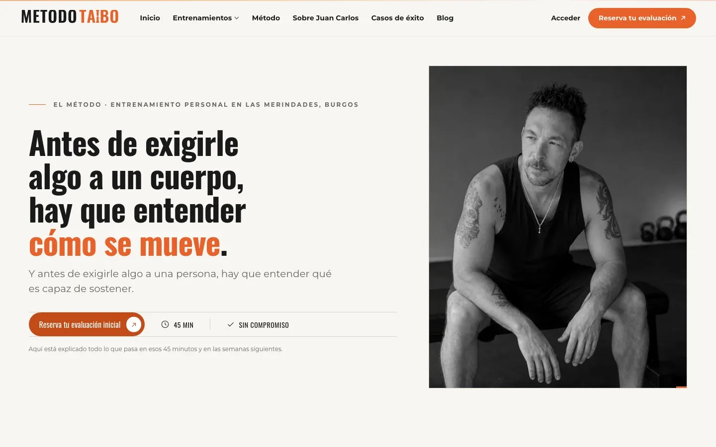 Capture de la page présentant la méthode de Método Taibo, avec son explication et le portrait de l’entraîneur.